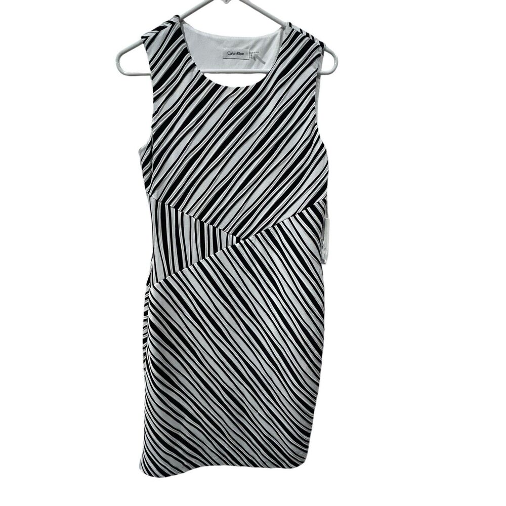 CALVIN KLEIN NWT Stretch Black White Striped Asymmetrical Sheath Dress Size 8